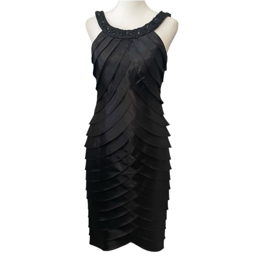 Alex Evenings Black Satin Pleated Flutter Beaded Collar Cocktail Party Dress 8